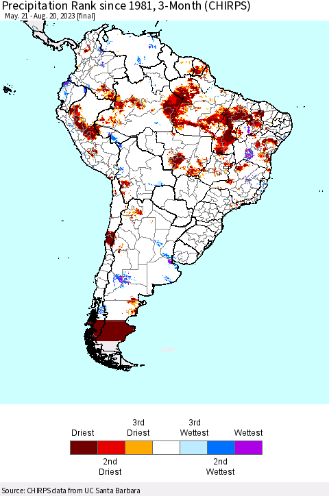 South America Precipitation Rank since 1981, 3-Month (CHIRPS) Thematic Map For 5/21/2023 - 8/20/2023