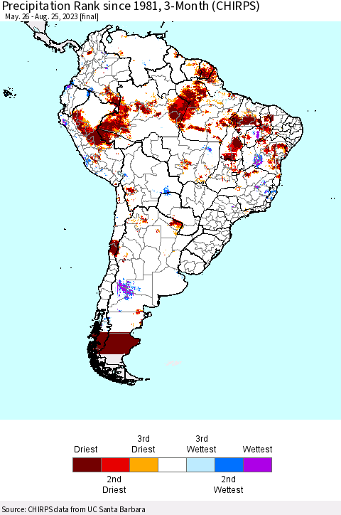 South America Precipitation Rank since 1981, 3-Month (CHIRPS) Thematic Map For 5/26/2023 - 8/25/2023