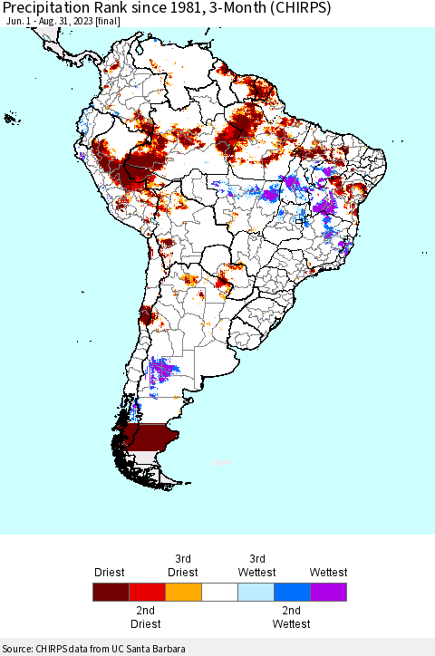 South America Precipitation Rank since 1981, 3-Month (CHIRPS) Thematic Map For 6/1/2023 - 8/31/2023