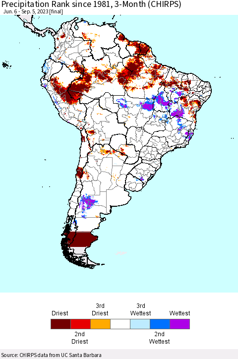 South America Precipitation Rank since 1981, 3-Month (CHIRPS) Thematic Map For 6/6/2023 - 9/5/2023