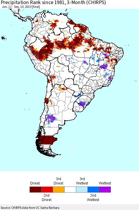South America Precipitation Rank since 1981, 3-Month (CHIRPS) Thematic Map For 6/11/2023 - 9/10/2023