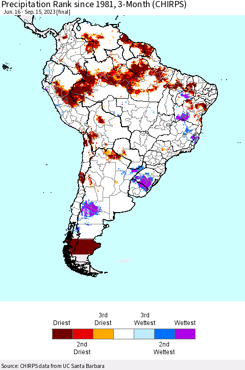 South America Precipitation Rank since 1981, 3-Month (CHIRPS) Thematic Map For 6/16/2023 - 9/15/2023