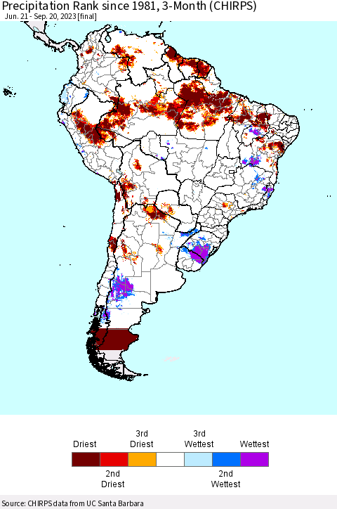 South America Precipitation Rank since 1981, 3-Month (CHIRPS) Thematic Map For 6/21/2023 - 9/20/2023