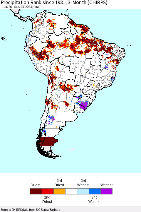 South America Precipitation Rank since 1981, 3-Month (CHIRPS) Thematic Map For 6/26/2023 - 9/25/2023