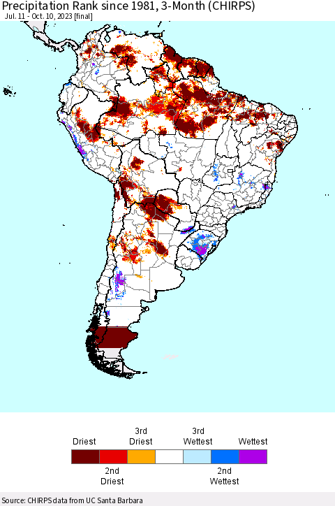 South America Precipitation Rank since 1981, 3-Month (CHIRPS) Thematic Map For 7/11/2023 - 10/10/2023