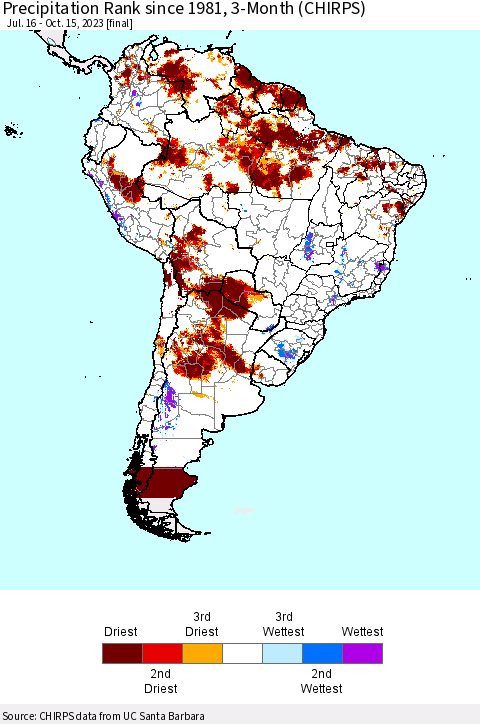 South America Precipitation Rank since 1981, 3-Month (CHIRPS) Thematic Map For 7/16/2023 - 10/15/2023
