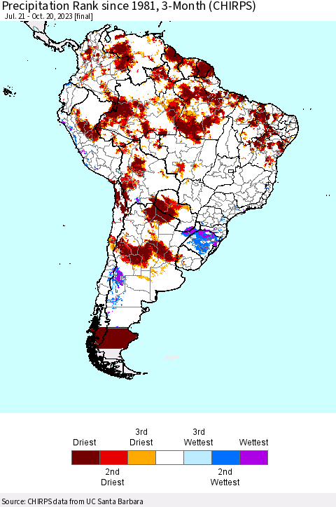 South America Precipitation Rank since 1981, 3-Month (CHIRPS) Thematic Map For 7/21/2023 - 10/20/2023