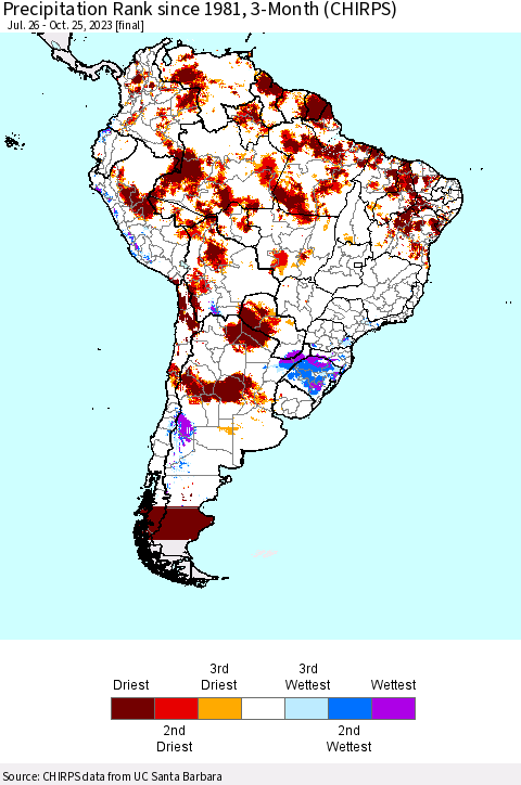 South America Precipitation Rank since 1981, 3-Month (CHIRPS) Thematic Map For 7/26/2023 - 10/25/2023