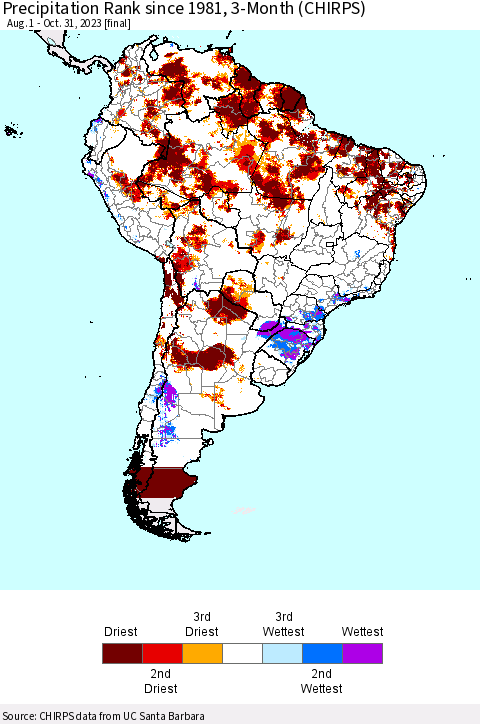 South America Precipitation Rank since 1981, 3-Month (CHIRPS) Thematic Map For 8/1/2023 - 10/31/2023