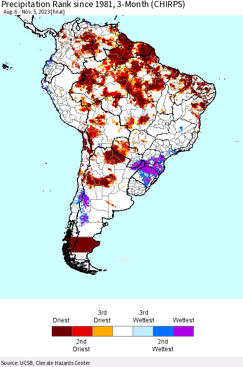 South America Precipitation Rank since 1981, 3-Month (CHIRPS) Thematic Map For 8/6/2023 - 11/5/2023