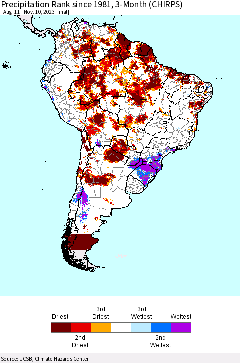 South America Precipitation Rank since 1981, 3-Month (CHIRPS) Thematic Map For 8/11/2023 - 11/10/2023