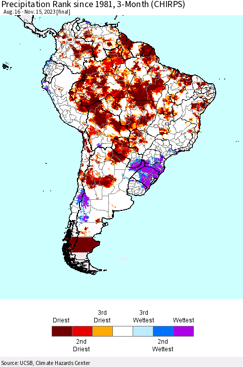 South America Precipitation Rank since 1981, 3-Month (CHIRPS) Thematic Map For 8/16/2023 - 11/15/2023
