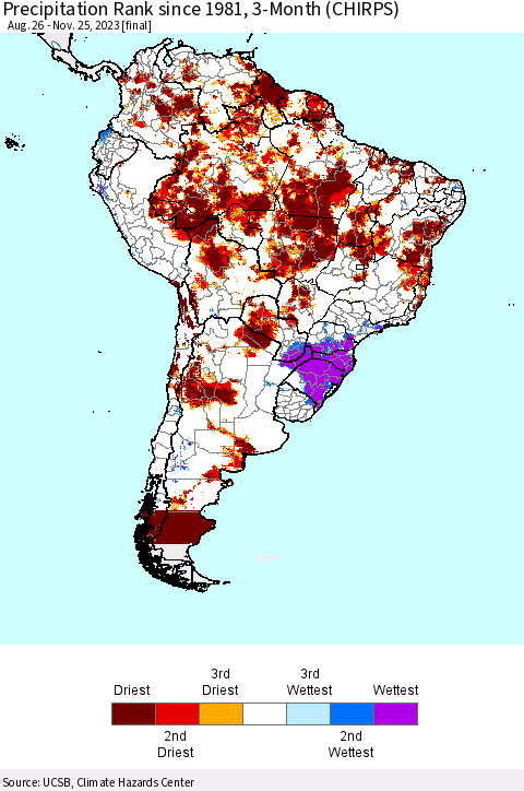 South America Precipitation Rank since 1981, 3-Month (CHIRPS) Thematic Map For 8/26/2023 - 11/25/2023