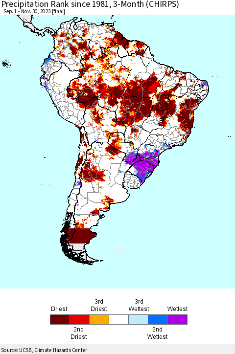 South America Precipitation Rank since 1981, 3-Month (CHIRPS) Thematic Map For 9/1/2023 - 11/30/2023