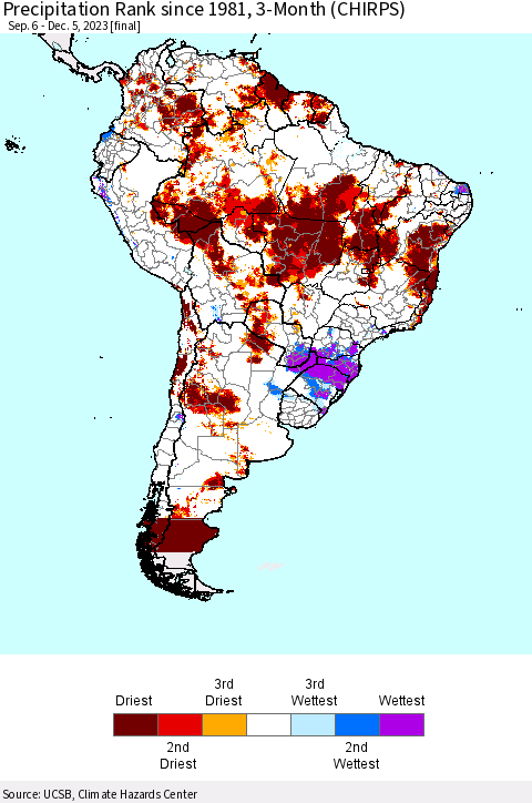 South America Precipitation Rank since 1981, 3-Month (CHIRPS) Thematic Map For 9/6/2023 - 12/5/2023