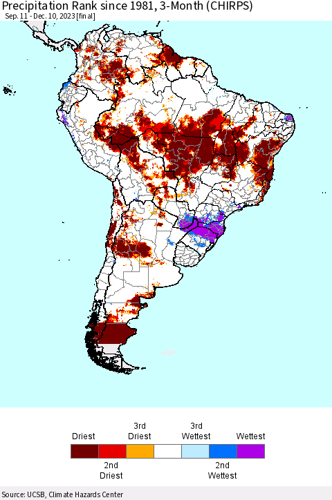South America Precipitation Rank since 1981, 3-Month (CHIRPS) Thematic Map For 9/11/2023 - 12/10/2023