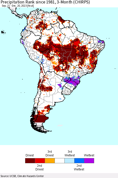 South America Precipitation Rank since 1981, 3-Month (CHIRPS) Thematic Map For 9/21/2023 - 12/20/2023