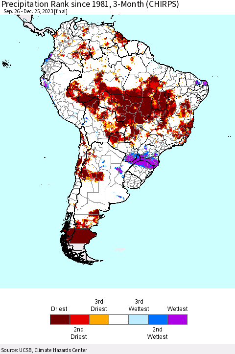 South America Precipitation Rank since 1981, 3-Month (CHIRPS) Thematic Map For 9/26/2023 - 12/25/2023