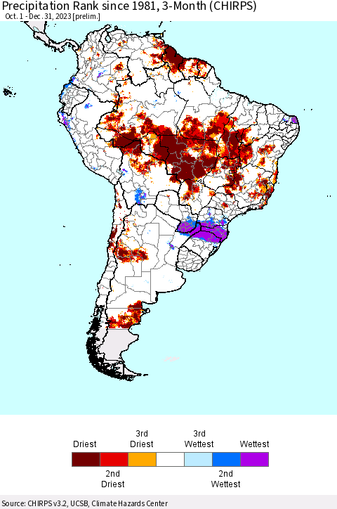 South America Precipitation Rank since 1981, 3-Month (CHIRPS) Thematic Map For 10/1/2023 - 12/31/2023