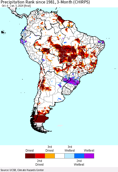 South America Precipitation Rank since 1981, 3-Month (CHIRPS) Thematic Map For 10/6/2023 - 1/5/2024