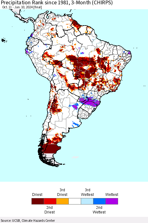 South America Precipitation Rank since 1981, 3-Month (CHIRPS) Thematic Map For 10/11/2023 - 1/10/2024
