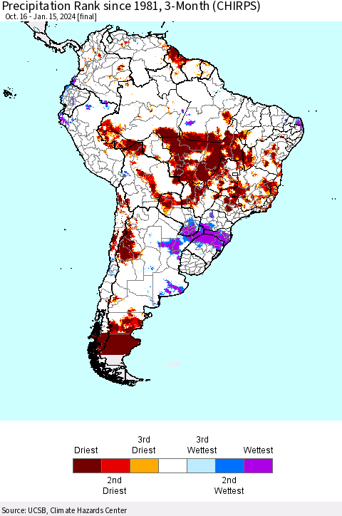 South America Precipitation Rank since 1981, 3-Month (CHIRPS) Thematic Map For 10/16/2023 - 1/15/2024
