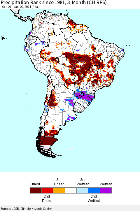 South America Precipitation Rank since 1981, 3-Month (CHIRPS) Thematic Map For 10/21/2023 - 1/20/2024