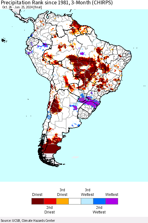 South America Precipitation Rank since 1981, 3-Month (CHIRPS) Thematic Map For 10/26/2023 - 1/25/2024
