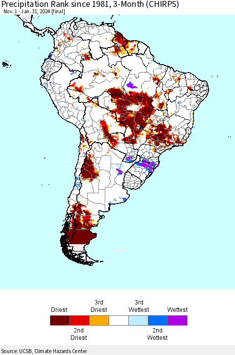 South America Precipitation Rank since 1981, 3-Month (CHIRPS) Thematic Map For 11/1/2023 - 1/31/2024