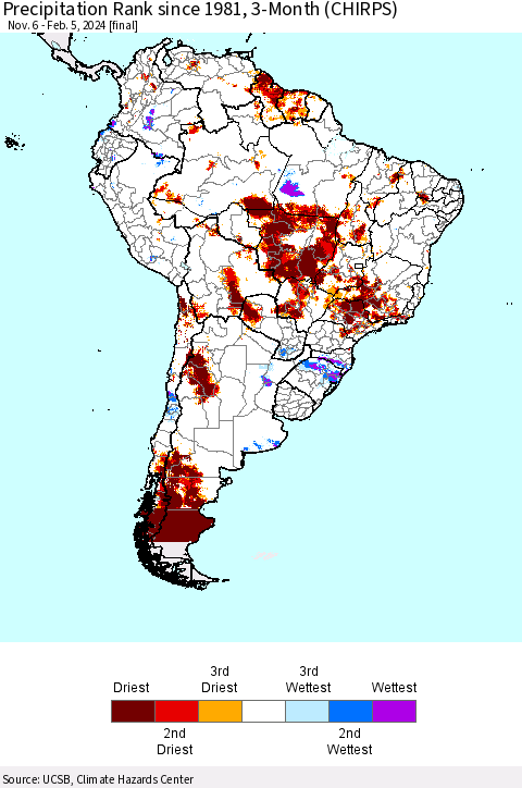 South America Precipitation Rank since 1981, 3-Month (CHIRPS) Thematic Map For 11/6/2023 - 2/5/2024