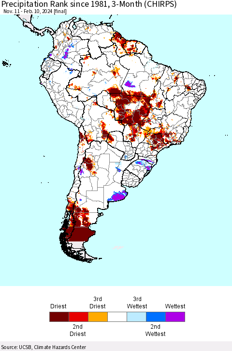 South America Precipitation Rank since 1981, 3-Month (CHIRPS) Thematic Map For 11/11/2023 - 2/10/2024