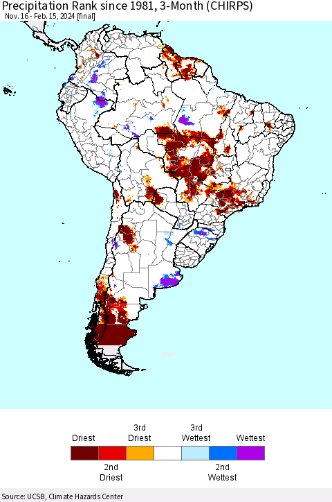 South America Precipitation Rank since 1981, 3-Month (CHIRPS) Thematic Map For 11/16/2023 - 2/15/2024