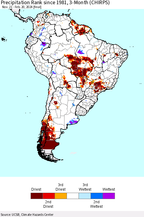 South America Precipitation Rank since 1981, 3-Month (CHIRPS) Thematic Map For 11/21/2023 - 2/20/2024