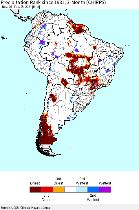 South America Precipitation Rank since 1981, 3-Month (CHIRPS) Thematic Map For 11/26/2023 - 2/25/2024