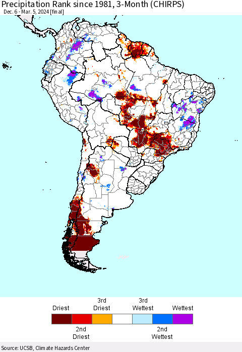 South America Precipitation Rank since 1981, 3-Month (CHIRPS) Thematic Map For 12/6/2023 - 3/5/2024