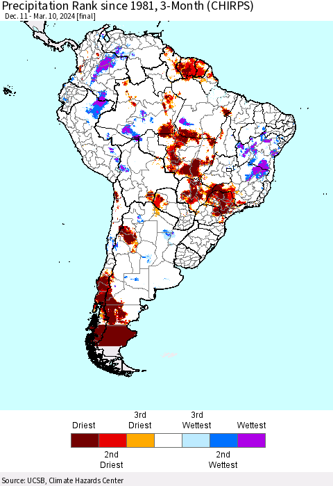 South America Precipitation Rank since 1981, 3-Month (CHIRPS) Thematic Map For 12/11/2023 - 3/10/2024