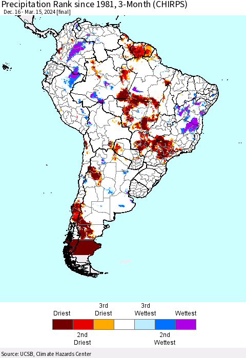 South America Precipitation Rank since 1981, 3-Month (CHIRPS) Thematic Map For 12/16/2023 - 3/15/2024