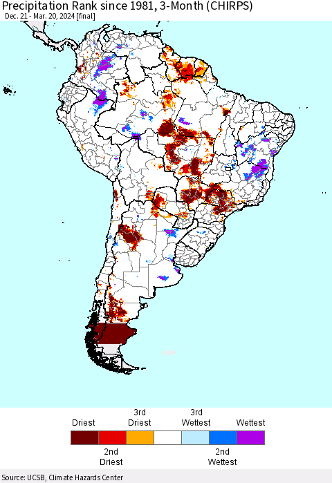 South America Precipitation Rank since 1981, 3-Month (CHIRPS) Thematic Map For 12/21/2023 - 3/20/2024