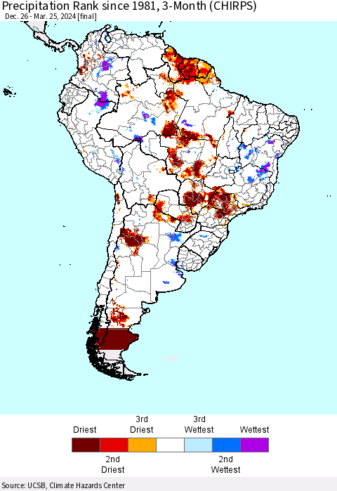 South America Precipitation Rank since 1981, 3-Month (CHIRPS) Thematic Map For 12/26/2023 - 3/25/2024