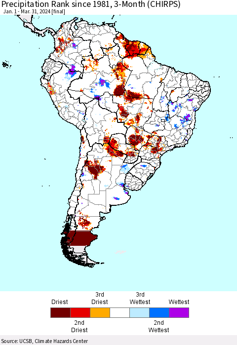 South America Precipitation Rank since 1981, 3-Month (CHIRPS) Thematic Map For 1/1/2024 - 3/31/2024