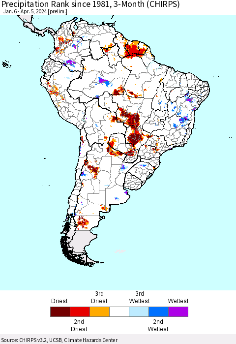 South America Precipitation Rank since 1981, 3-Month (CHIRPS) Thematic Map For 1/6/2024 - 4/5/2024