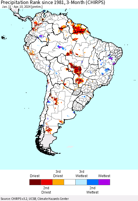South America Precipitation Rank since 1981, 3-Month (CHIRPS) Thematic Map For 1/11/2024 - 4/10/2024
