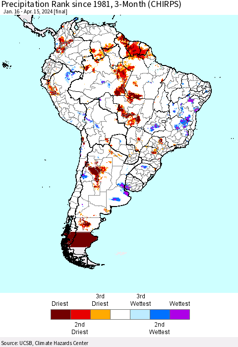 South America Precipitation Rank since 1981, 3-Month (CHIRPS) Thematic Map For 1/16/2024 - 4/15/2024