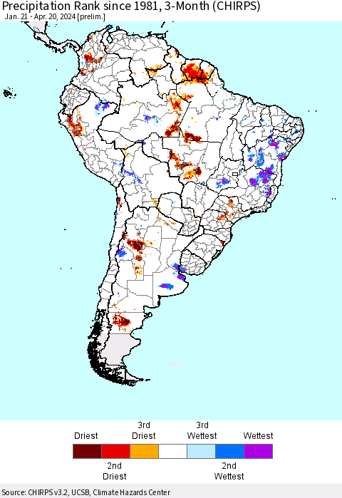 South America Precipitation Rank since 1981, 3-Month (CHIRPS) Thematic Map For 1/21/2024 - 4/20/2024