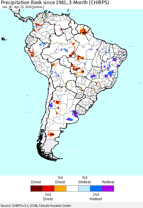 South America Precipitation Rank since 1981, 3-Month (CHIRPS) Thematic Map For 1/26/2024 - 4/25/2024