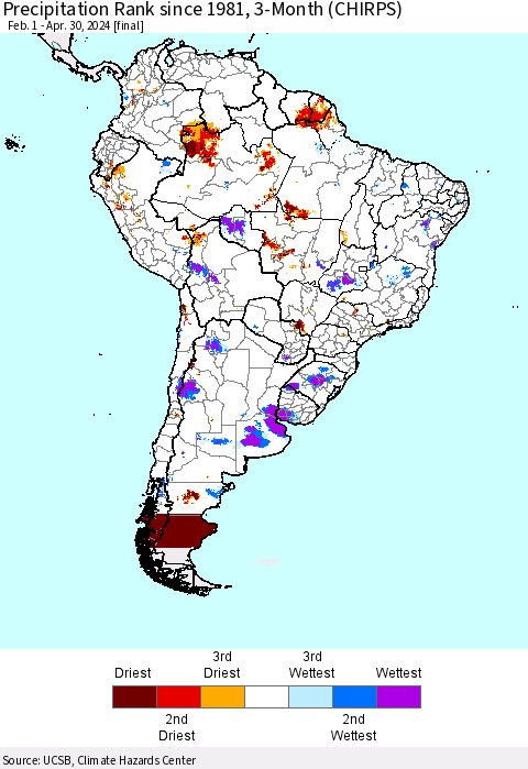 South America Precipitation Rank since 1981, 3-Month (CHIRPS) Thematic Map For 2/1/2024 - 4/30/2024