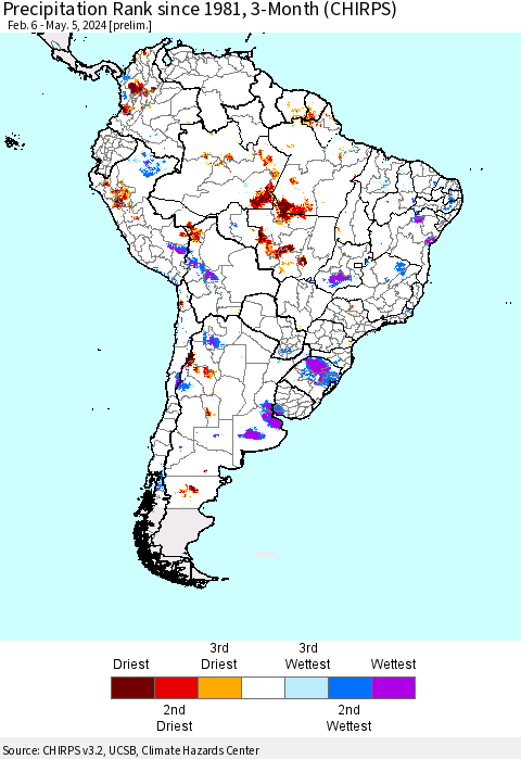 South America Precipitation Rank since 1981, 3-Month (CHIRPS) Thematic Map For 2/6/2024 - 5/5/2024