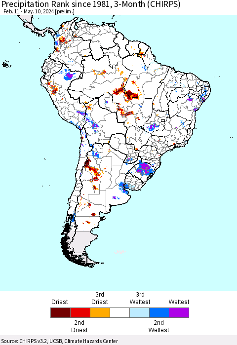 South America Precipitation Rank since 1981, 3-Month (CHIRPS) Thematic Map For 2/11/2024 - 5/10/2024