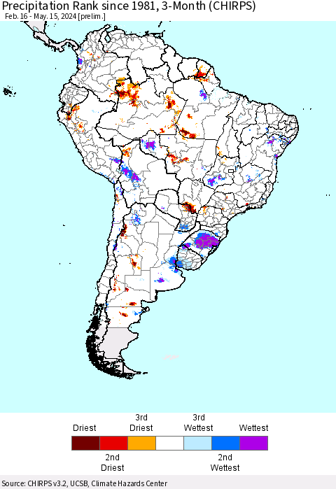 South America Precipitation Rank since 1981, 3-Month (CHIRPS) Thematic Map For 2/16/2024 - 5/15/2024