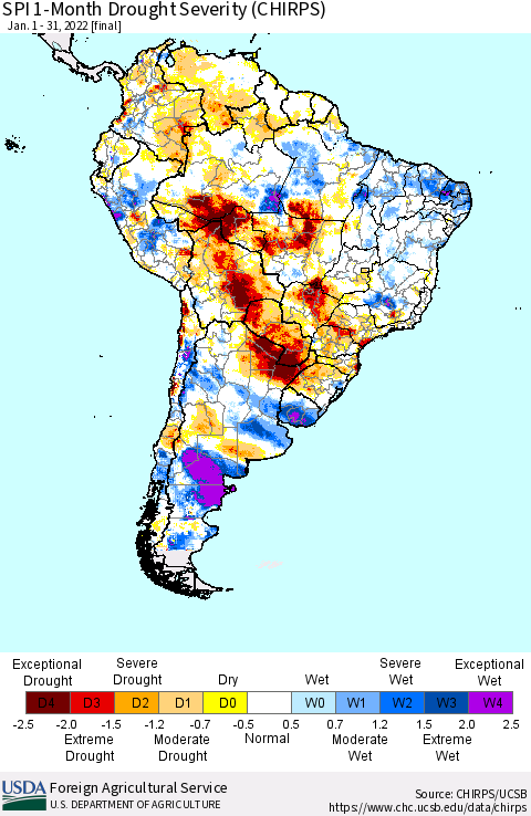 South America SPI 1-Month Drought Severity (CHIRPS) Thematic Map For 1/1/2022 - 1/31/2022